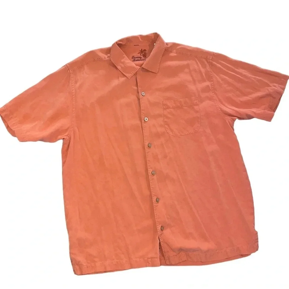 TOMMY BAHAMA Button Shirt 100% Silk Orange Men’s Size Large Tropical Beach - Picture 10 of 10